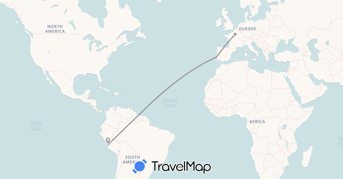 TravelMap itinerary: driving, plane in France, Peru, Portugal (Europe, South America)